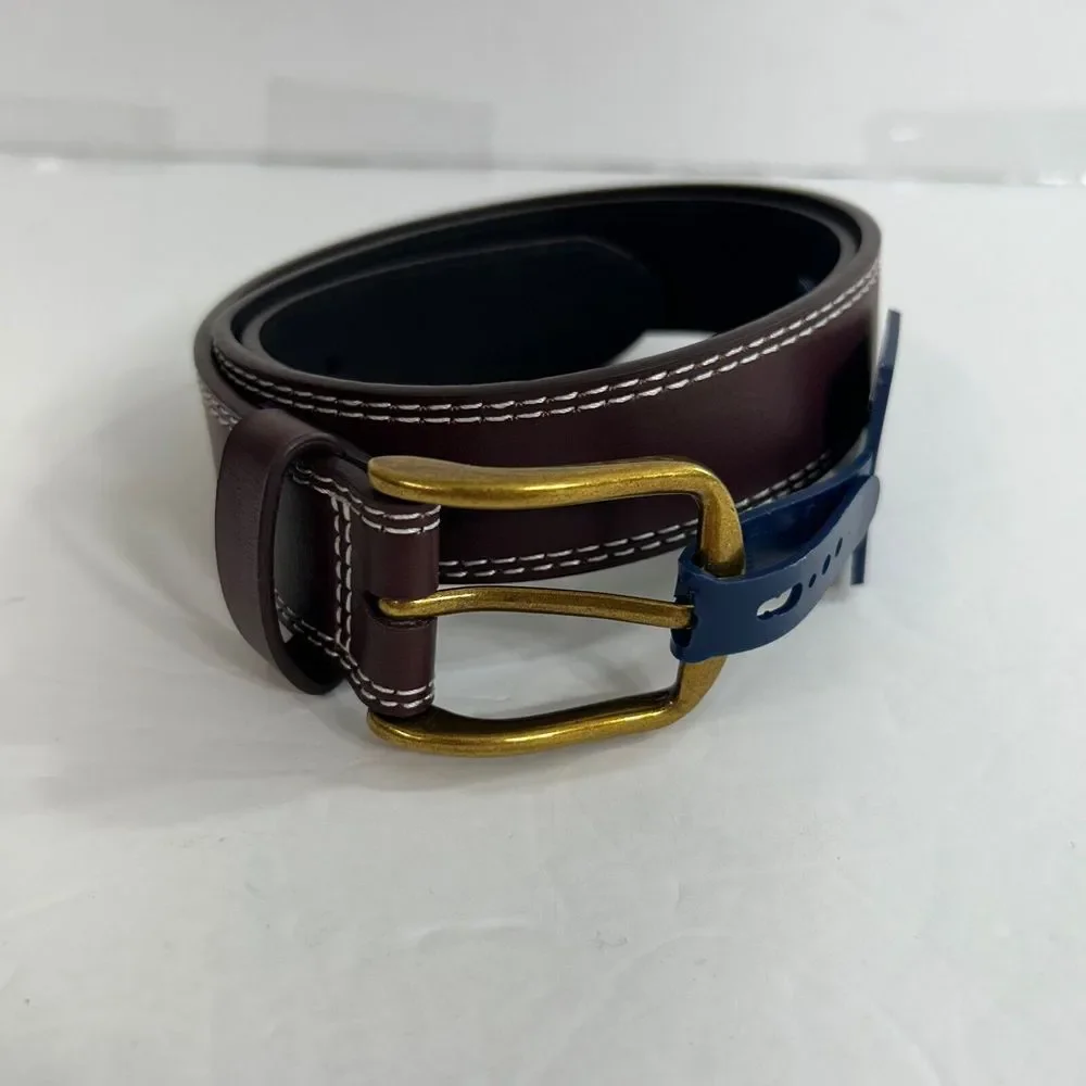 Club Room Double-Stitch Belt Mens Small 30-32 Burgundy‎ Leather Gold Buckle